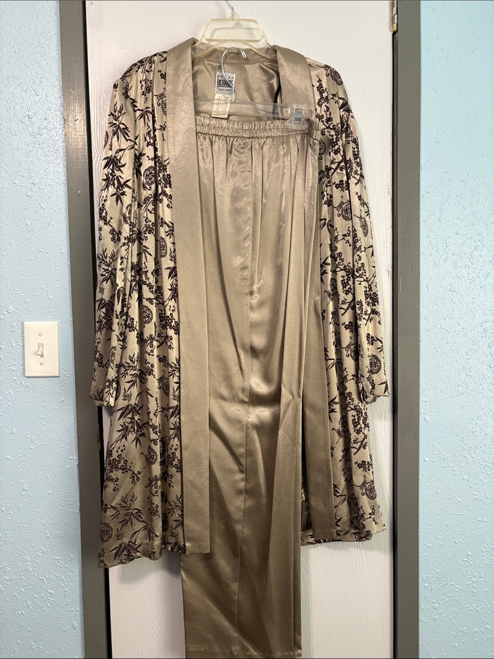 R & M Richards Taupe Satin Robe and Pajama Set with Dark Floral Print